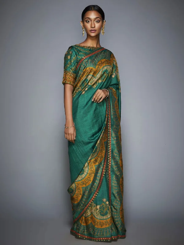 RI Ritu Kumar Emerald & Mustard Embroidered Saree With Unstitched Blouse