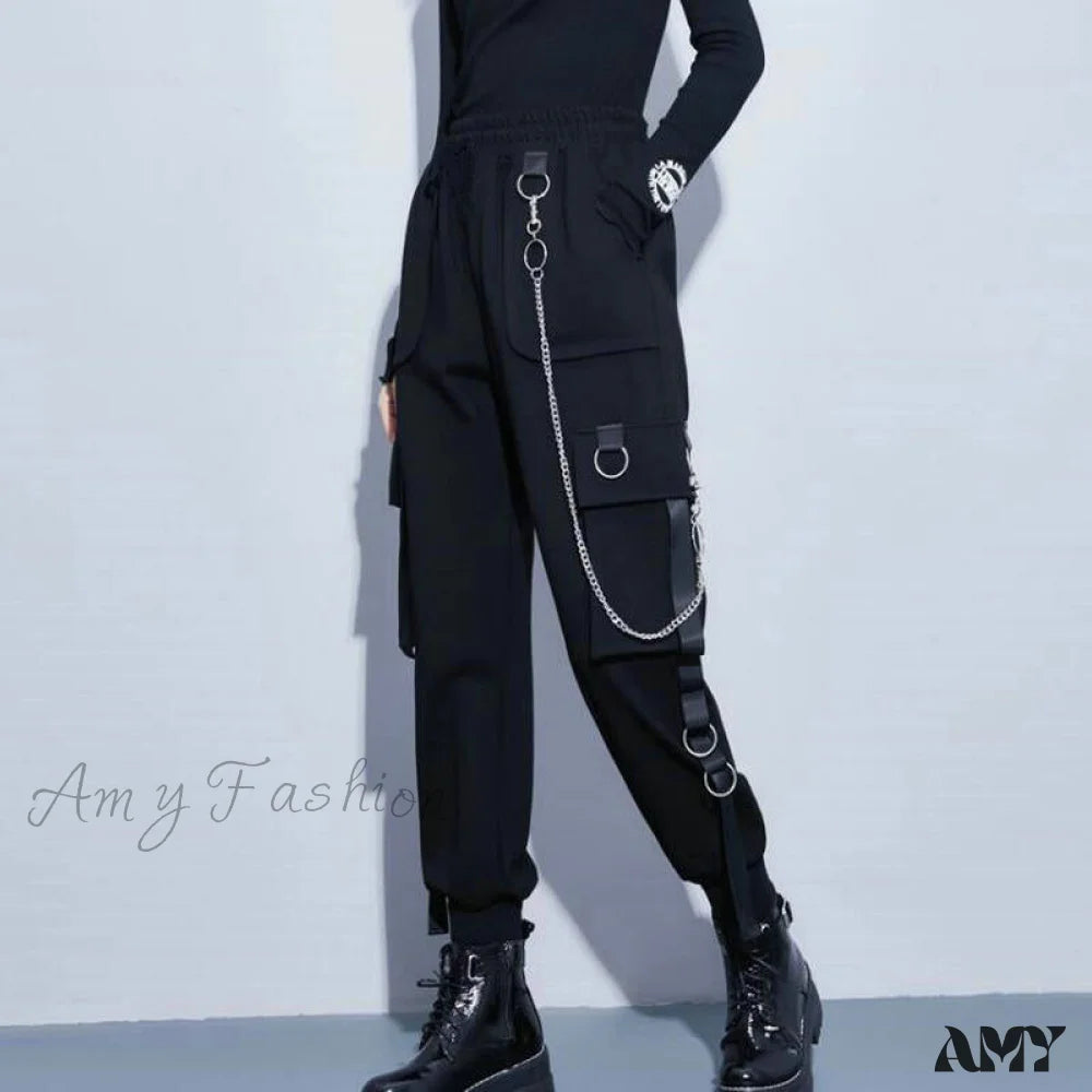 Amy Fashion - Punk Black Female Joggers Cargo Pants