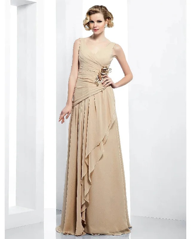 Elegant Dress Formal Evening Floor Length Sleeveless V Neck Chiffon Draping Side Flower