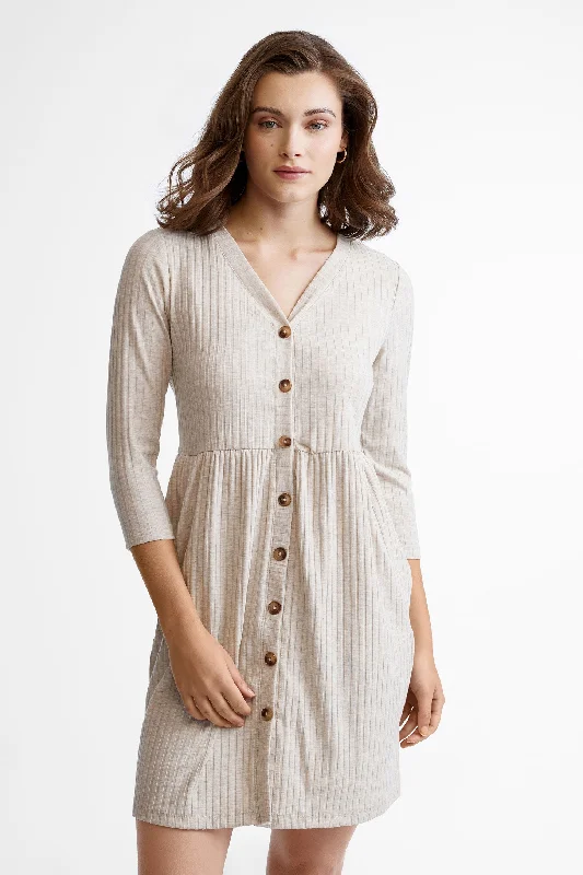 Robe col en V manches 3/4 côtelée - Femme