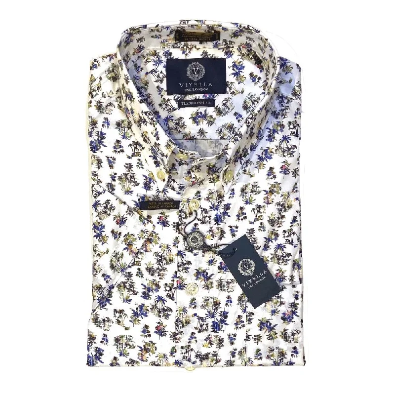 Island Palm Print Short Sleeve Stretch Cotton Sport Shirt by Viyella