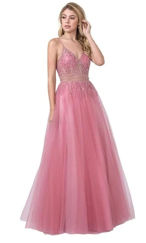 Trevi Collection - L2378 V-Neck Beaded Simple Prom Dress