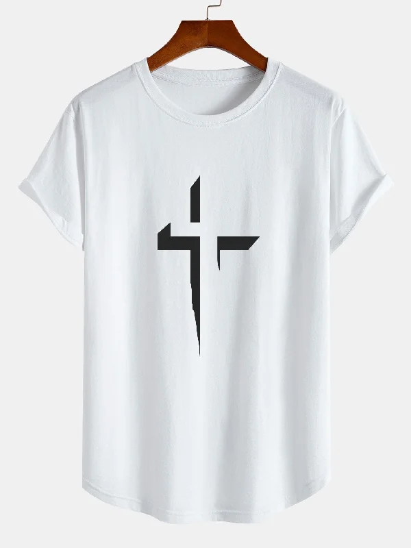 Cross Print Cotton Arc Hem T-Shirt