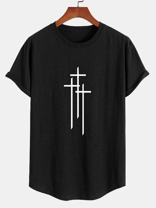 Cross Pattern Print Cotton Arc Hem T-Shirt