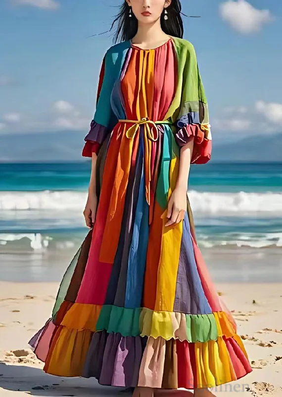 Bohemian Rainbow Tie Waist Wrinkled Cotton Maxi Dresses Half Sleeve