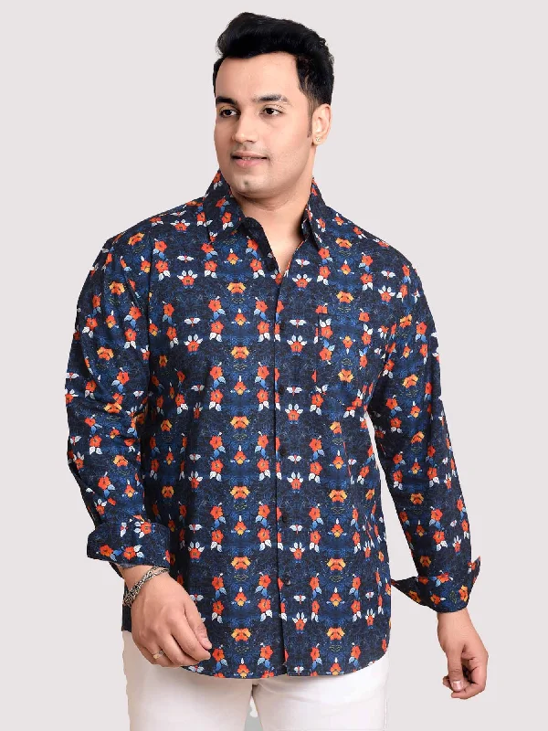Flower On Navy Printed Cotton Full sleeve Men's Plus size