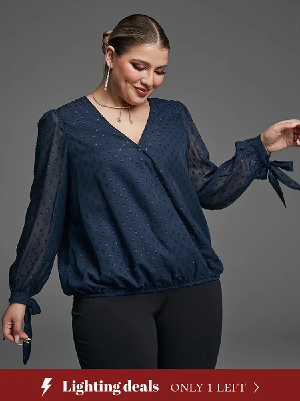 Swiss Dot Knot Cuff Elastic Hem Blouse